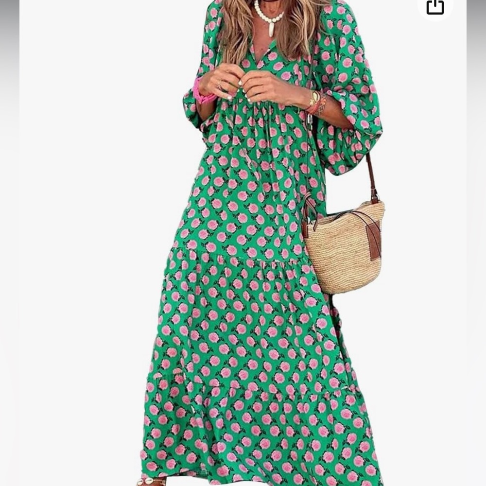 Green Floral Puff Sleeve Maxi Dress